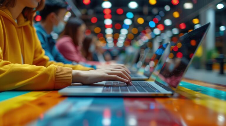mãos artificiais digitam em um teclado, em um ambiente futurista